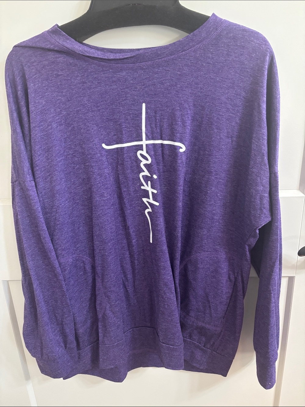 Amazon Purple Long Sleeve Crewneck Sweater with White Faith Cross Graphic pocket